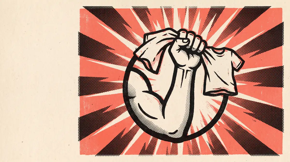 Un poing brandissant un t-shirt WearClan, illustration sérigraphie
