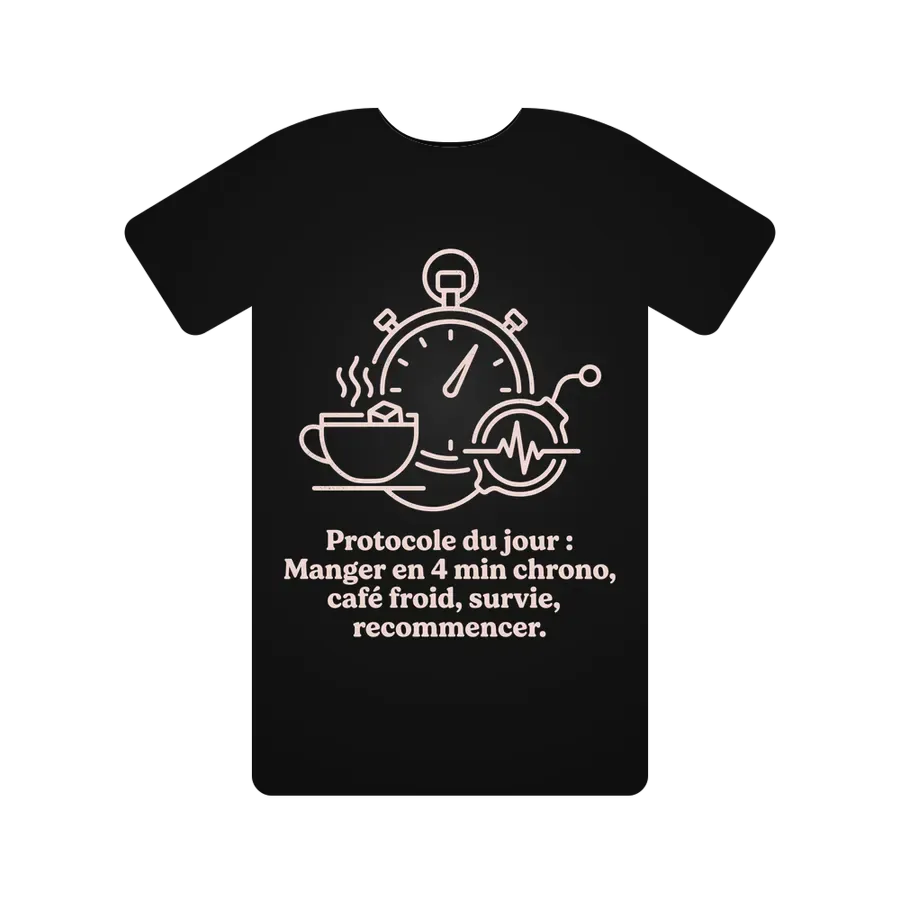 Protocole du jour : Manger en 4 min chrono, café froid, survie, recommencer.