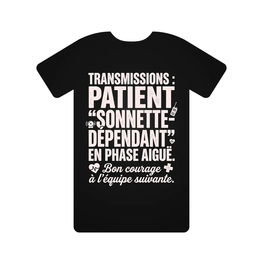 Transmissions : Patient "sonnette-dépendant" en phase aiguë. Bon courage à l'équipe suivante.